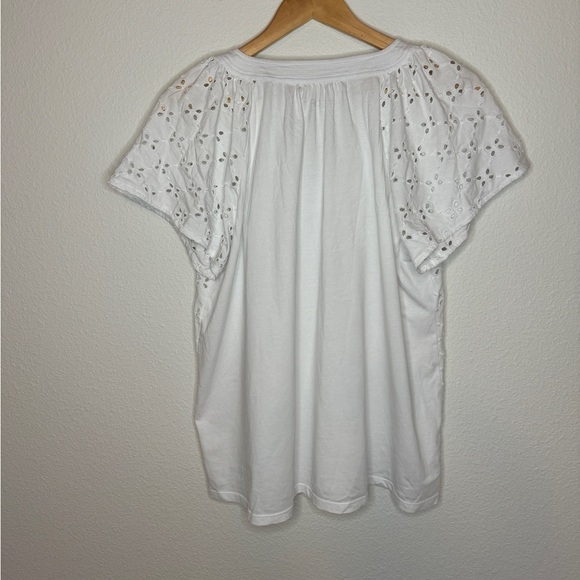 Loft White Eyelet Lace Short Sleeve Cotton Split Neck Flowy Knit Loose Fit Top - Picture 5 of 6